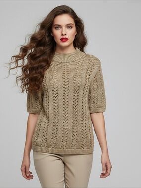 Gap Metallic Beige Heavy Cable Knit Short Sleeve Sweater Size M